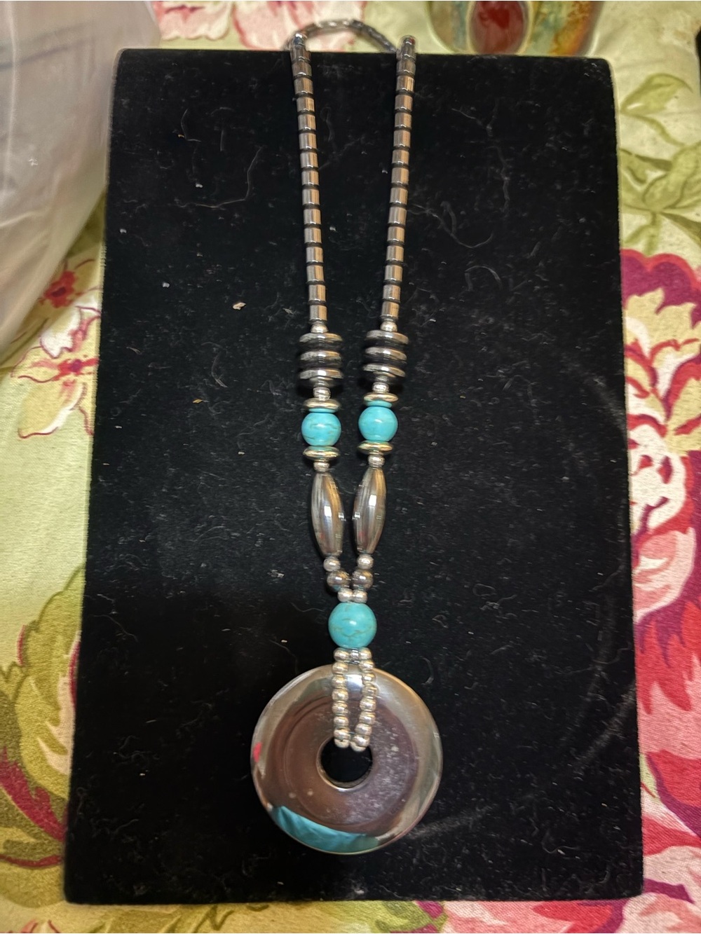 Turquoise Bead Silver-Tone Donut Pendant Necklace - Women Jewelry